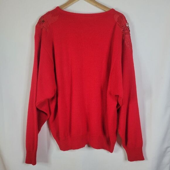 Embellished Shoulder Appliques Vintage Cashmere Blend Bright Red Sweater - Picture 2 of 15